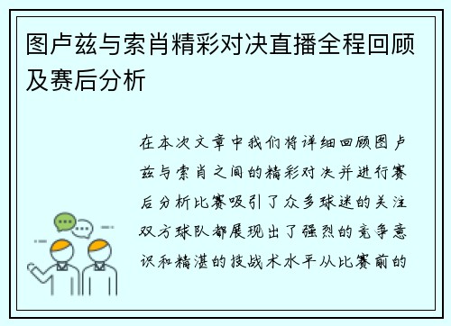 图卢兹与索肖精彩对决直播全程回顾及赛后分析